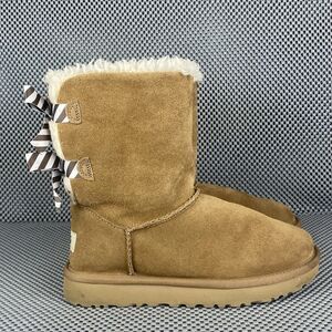 UGG Bailey Bow II Boots Womens Size 5 Brown Leather Sheepskin Pull On Winter
